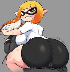 Rule 34 | 1girl, absurdres, ass, bike shorts, bouncing ass, breasts, cameltoe, cleft of venus, curvy, from behind, highres, huge ass, inkling (squid), inkling player character, jiggle, large breasts, looking at viewer, looking back, nintendo, orange eyes, orange hair, pointy ears, riding, saltyxodium, sitting, solo, splatoon (series), sweat, thick thighs, thighs, wide hips