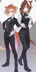 Rule 34 | 2girls, alternate costume, animal ears, artist name, ascot, black footwear, black jacket, black pants, black vest, blouse, breasts, brown hair, closed mouth, collared shirt, flats, formal, full body, futaba (futaba uc), gloves, hand on own hip, hand on own chest, high heels, highres, horse ears, horse girl, horse tail, jacket, long hair, long sleeves, looking at viewer, multicolored hair, multiple girls, neck ribbon, outstretched arm, pant suit, pants, purple eyes, ribbon, shirt, short hair, small breasts, smile, standing, streaked hair, suit, symboli rudolf (umamusume), t.m. opera o (umamusume), tail, tailcoat, umamusume, vest, white gloves, white shirt