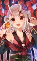 Rule 34 | :d, absurdres, armpits, bare shoulders, bell, black kimono, double bun, fangs, frilled sleeves, frills, hair bell, hair bun, hair ornament, haru yu, highres, hololive, horns, japanese clothes, jingle bell, kimono, long hair, long sleeves, multicolored hair, nail polish, nakiri ayame, nakiri ayame (1st costume), obi, obiage, obijime, off shoulder, oni, open mouth, red eyes, red hair, sash, silver hair, simple background, skin-covered horns, smile, solo, streaked hair, teeth, upper teeth only, virtual youtuber