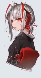 Rule 34 | 1girl, alternate costume, alternate hairstyle, antenna hair, arknights, bad id, bad pixiv id, black kimono, closed mouth, cropped torso, eyeshadow, flower, from side, hair bun, hair flower, hair ornament, highres, japanese clothes, kaguura (kagu), kimono, lipstick, looking at viewer, looking to the side, makeup, multicolored hair, obi, petals, red eyes, red flower, red hair, sash, short hair, silver hair, simple background, single hair bun, solo, two-tone hair, upper body, w (arknights), white background