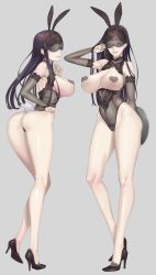 Rule 34 | 1girl, animal ears, ass, back, bare shoulders, black hair, blush, breasts, colored skin, covered erect nipples, damegane, detached collar, fake animal ears, full body, heart pasties, high heels, highres, large breasts, leotard, long hair, long legs, nipples, original, pasties, playboy bunny, purple eyes, rabbit ears, rabbit tail, shoes, smile, solo, tail, white skin
