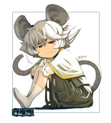 Rule 34 | 1girl, animal ears, border, capelet, character name, daitai konna kanji, grey hair, mouse ears, mouse tail, nazrin, red eyes, short hair, simple background, sitting, solo, tail, touhou, twitter username