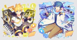 Rule 34 | 2boys, bad id, bad pixiv id, bass clef, beamed eighth notes, belt, black collar, black shorts, black sleeves, blonde hair, blue eyes, blue hair, blue nails, blue scarf, blush, bow, brown pants, cd, coat, collar, commentary request, detached sleeves, envelope, folder, full body, hair bow, hand on own ear, hands up, headphones, headset, holographic interface, ice cream bar, instrument, kagamine len, kaito (vocaloid), keyboard (instrument), keytar, light blush, looking at viewer, male focus, microphone, microphone symbol, multiple boys, musical note, nail polish, necktie, open mouth, pants, popsicle stick, sailor collar, scarf, school uniform, seiza, shirt, short ponytail, short sleeves, shorts, sinaooo, sitting, smile, speaker, swept bangs, vocaloid, white bow, white coat, white shirt, window (computing), yellow nails, yellow neckwear