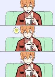Rule 34 | !, !!, 1boy, 3koma, blonde hair, blush, closed mouth, comic, commentary request, eating, fork, green eyes, hair between eyes, holding, holding fork, looking at viewer, male focus, matsumatsu330, multicolored hair, notice lines, official alternate costume, open mouth, orange hair, partial commentary, project sekai, shinonome akito, short hair, silent comic, star (symbol), streaked hair, teeth, two-tone hair, upper body