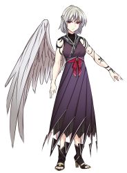 Rule 34 | 1girl, ankle boots, arm tattoo, arms at sides, boots, braid, closed mouth, dress, feathered wings, french braid, grey hair, grey wings, high heel boots, high heels, highres, kishin sagume, long dress, looking at viewer, medium hair, purple dress, red eyes, shoulder tattoo, shukusuri, single wing, solo, standing, tattoo, toeless footwear, touhou, wings