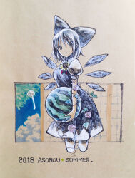 Rule 34 | 1girl, absurdres, badge, blue eyes, blue hair, blue sky, cirno, cloud, cloudy sky, english text, food, fruit, hair ribbon, highres, holding, holding food, ikeda ruriko, leaf, looking at viewer, medium hair, painting (medium), plant, ribbon, sky, sliding doors, solo, touhou, traditional media, vines, watermelon, white background