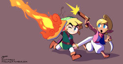 Rule 34 | 1boy, 1girl, blonde hair, blue eyes, brown hair, elf, fire, full body, gun, hat, highres, knife, link, nintendo, one eye closed, open mouth, pointy ears, running, scarf, shield, sword, tetra, the legend of zelda, the legend of zelda: the wind waker, toon link, tunic, weapon