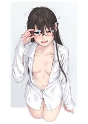 Rule 34 | 1girl, black-framed eyewear, black hair, blush, breasts, buttons, collarbone, cowboy shot, cropped legs, glasses, green eyes, hair between eyes, highres, kantai collection, long hair, long sleeves, looking at viewer, messy hair, navel, one eye closed, ooyodo (kancolle), open clothes, open mouth, open shirt, semi-rimless eyewear, shirt, sleepy, small breasts, solo, two-tone background, under-rim eyewear, white shirt, yuuji (and)