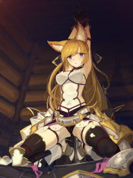 Rule 34 | animal ears, armor, armpits, arms behind head, arms up, backless outfit, bare shoulders, bdsm, black gloves, black panties, black thighhighs, blonde hair, bondage, boots, bound, braid, cad (caddo), choker, erune, faulds, fox ears, french braid, gloves, granblue fantasy, high heel boots, high heels, highres, long hair, panties, parted lips, purple eyes, restrained, rope, shibari, shirt, squatting, thighhighs, underwear, white shirt, yuisis (granblue fantasy)