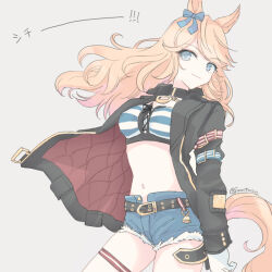 Rule 34 | 1girl, animal ears, arm at side, bandeau, belt, black jacket, blonde hair, blue eyes, bow, breasts, closed mouth, collar, crop top, denim, denim shorts, ear bow, floating hair, gold city (umamusume), grey background, horse ears, horse girl, horse tail, inutose, jacket, long hair, long sleeves, midriff, navel, open clothes, open jacket, short shorts, shorts, simple background, small breasts, smile, solo, tail, thigh strap, twitter username, umamusume