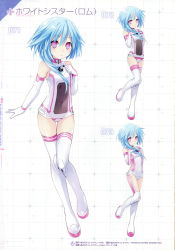 Rule 34 | 1girl, absurdres, bare shoulders, blue hair, blush, bodysuit, boots, character name, choujigen game neptune mk2, choujijigen game neptune re;birth 2, clenched hand, covered collarbone, covered navel, elbow gloves, flat chest, full body, gloves, grid background, hair between eyes, hands on own chest, highres, leg lift, leotard, long hair, looking at viewer, multiple views, neptune (series), official art, open mouth, pink eyes, power symbol-shaped pupils, scan, shin jigen game neptune vii, sidelocks, simple background, sleeveless, standing, standing on one leg, symbol-shaped pupils, thigh boots, thighhighs, tsunako, turtleneck, white background, white sister rom