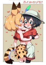 Rule 34 | 2girls, animal ears, bad id, bad twitter id, bare legs, black hair, blonde hair, blue eyes, blush, bucket hat, commentary request, cowboy shot, extra ears, fang, gloves, holding hands, hat, hat feather, heart, highres, hug, kaban (kemono friends), kemono friends, multicolored hair, multiple girls, nekonyan (inaba31415), nose blush, open mouth, pantyhose, print skirt, serval (kemono friends), serval print, serval tail, shared clothes, shirt, short hair, short sleeves, shorts, skirt, t-shirt, tail, translation request, yellow eyes