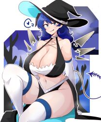 Rule 34 | 1girl, absurdres, alternate costume, arknights, ashy (dankestsin), blue eyes, blue hair, breasts, cleavage, commentary, elbow gloves, english commentary, gloves, hat, heart, highres, large breasts, licking lips, linea alba, long hair, looking at viewer, midriff, mole, mole under eye, mostima (arknights), navel, solo, spoken heart, tail, thighhighs, tongue, tongue out, white gloves, white thighhighs, wings, witch hat