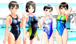 Rule 34 | 4girls, absurdres, armpits, arms up, black one-piece swimsuit, blue eyes, blue one-piece swimsuit, blurry, blurry background, bob cut, breasts, brown eyes, clock, competition swimsuit, day, green eyes, hand up, highleg, highres, looking at viewer, multiple girls, one-piece swimsuit, original, outdoors, pool, short hair, small breasts, smile, standing, swimsuit, takafumi, tan, tanline, v