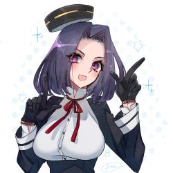Rule 34 | 1girl, black dress, black gloves, breasts, dress, gloves, hair intakes, halo, index finger raised, kantai collection, large breasts, looking at viewer, mechanical halo, mizoredama1, one-hour drawing challenge, purple eyes, purple hair, short hair, smile, solo, tatsuta (kancolle), upper body, white background