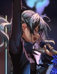 Rule 34 | 1girl, :d, absurdres, arm up, black nails, blue hair, closed eyes, earrings, highres, holding, holding microphone, hololive, hoshimachi suisei, hoshimachi suisei (shout in crisis), inaba teitoku, jewelry, long hair, microphone, open mouth, smile, solo, sweat, virtual youtuber