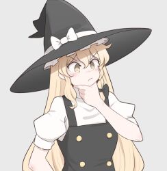 Rule 34 | 1girl, bow, bowtie, commentary, hat, kirisame marisa, long hair, mata (matasoup), simple background, thinking, touhou, very long hair, white background, witch hat, yellow eyes