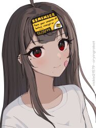 1girl ahoge artist_name bandaid bandaid_on_face best_buy brown_hair ear_piercing english_text expressionless highres long_hair looking_at_viewer mole mole_under_eye mole_under_mouth original piercing red_eyes ringed_eyes shirt solo vickie_(cryingrobot) vickie_(cryingrobot)_(character) white_background white_shirt