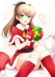 Rule 34 | 1girl, :d, alternate costume, belt, belt buckle, box, brown hair, buckle, gift, gift box, gloves, green eyes, hat, unworn hat, unworn headwear, heart, kantai collection, kumano (kancolle), long hair, mittens, open mouth, pom pom (clothes), red gloves, red mittens, rui shi (rayze ray), santa costume, santa hat, smile, solo