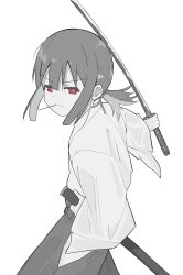 Rule 34 | 1girl, absurdres, blunt bangs, blunt ends, commentary, greyscale, hair between eyes, hakama, highres, hip vent, holding, holding sword, holding weapon, hozuki momiji, japanese clothes, katana, kimono, long hair, looking at viewer, monochrome, mouth hold, multicolored hair, onii-chan wa oshimai!, red eyes, samurai, serious, sheath, short hair, short ponytail, simple background, solo, spot color, stalk in mouth, sword, two-tone hair, weapon, white background, wide sleeves, yama h15