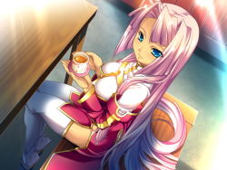 Rule 34 | 00s, 1girl, bench, blue eyes, blush, breasts, cup, detached sleeves, dutch angle, female focus, fingernails, floor, from above, game cg, glass, hair intakes, hikage eiji, holding, indoors, koihime musou, legs, light rays, light smile, long fingernails, long hair, long sleeves, looking at viewer, looking up, mug, no headwear, pink hair, plate, shadow, shiny skin, sitting, solo, sonken, sunbeam, sunlight, table, tea, thighhighs, tiptoes, turtleneck, very long hair, wall, white thighhighs