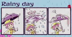Rule 34 | 1girl, 3koma, @ @, chibi, comic, dizzy, english text, hat, holding, holding umbrella, hungern (skullgirls), minawa108, pink hair, raincoat, short hair, skullgirls, smile, solo, tongue, tongue out, umbrella, umbrella (skullgirls), wet