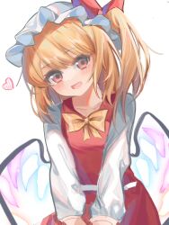 Rule 34 | 1girl, ascot, bat wings, blonde hair, blush, cowboy shot, crystal, dress, flandre scarlet, hat, hat ribbon, heart, highres, mob cap, multicolored wings, open mouth, red dress, red eyes, ribbon, side ponytail, simple background, touhou, user ptvs3537, white background, wings, yellow ascot
