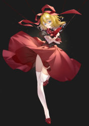 Rule 34 | 1girl, black background, blonde hair, blue eyes, blush, doll joints, hair between eyes, hair ribbon, highres, joints, looking at viewer, mary janes, medicine melancholy, red footwear, red neckwear, red ribbon, red skirt, ribbon, shoes, short hair, short sleeves, skirt, solo, string, thighhighs, touhou, vienyelisha, white thighhighs