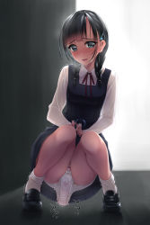 Rule 34 | 1girl, belt, black footwear, black hair, blue dress, blue eyes, blush, bow, bow panties, braid, breasts, breath, clothes lift, dildo, dress, female focus, full body, hair ornament, hair tie, hairclip, happy, highres, japanese text, lifting own clothes, loafers, long hair, long sleeves, looking at viewer, murakami suigun, neck ribbon, object insertion, open mouth, original, own hands together, panties, red ribbon, ribbon, school uniform, sex toy, shirt, shoes, simple background, skirt, skirt lift, sleeveless, sleeveless dress, small breasts, smile, socks, solo, squatting, steam, sweat, translation request, trembling, twin braids, underwear, upskirt, vaginal, vaginal object insertion, vibrator, vibrator under clothes, white panties, white shirt, white socks