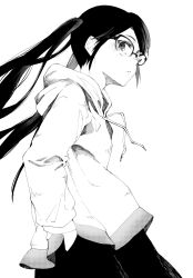 Rule 34 | 1girl, black hair, blue eyes, from side, glasses, hand in pocket, highres, hood, hood down, hoodie, idolmaster, idolmaster shiny colors, long hair, long sleeves, looking at viewer, lulutaeri, mitsumine yuika, monochrome, pants, parted lips, simple background, solo, twintails, white background