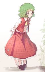Rule 34 | 1girl, arms behind back, ascot, black footwear, blouse, blush, bobby socks, buttons, closed umbrella, full body, green hair, highres, kazami yuuka, leaning forward, loafers, long sleeves, parted lips, plaid, plaid skirt, plaid vest, red eyes, red skirt, ripu (lipi), shirt, shoes, short hair, simple background, sketch, skirt, skirt set, smile, socks, solo, touhou, umbrella, vest, wavy hair, white background, white socks