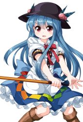 Rule 34 | 1girl, apron, bad id, bad twitter id, black hat, blouse, blue dress, blue hair, bow, brown footwear, buttons, cross-laced footwear, dress, dress shirt, food, frills, fruit, hat, highres, hinanawi tenshi, leaf, long hair, neck ribbon, open mouth, peach, puffy short sleeves, puffy sleeves, rainbow gradient, rainbow order, red bow, red eyes, ribbon, ruu (tksymkw), shirt, shoes, short sleeves, simple background, smile, solo, sword of hisou, touhou, very long hair, white background, white shirt, wing collar