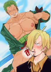 Rule 34 | 2boys, absurdres, bad id, bad twitter id, bara, bare pectorals, blonde hair, blood, blush, cloud, convenient censoring, day, earrings, green hair, hair over one eye, highres, japanese clothes, jewelry, kimono, male focus, multiple boys, nipples, niusesabe, nosebleed, one eye closed, one eye covered, one piece, open clothes, open kimono, outdoors, pectorals, roronoa zoro, sanji (one piece), scar, scar across eye, scar on chest, short hair, sky, smile, teeth, tongue, tongue out, yaoi