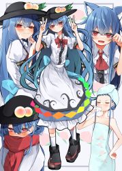 Rule 34 | 1girl, absurdres, animal ears, black footwear, blouse, blue hair, blue skirt, blush, boots, bottle, buttons, cat ears, center frills, closed mouth, collared shirt, double v, drinking, closed eyes, fang, food, frilled skirt, frills, fruit, hair between eyes, highres, hinanawi tenshi, holding, holding bottle, long hair, multiple views, open mouth, peach, puffy short sleeves, puffy sleeves, rainbow order, red eyes, red scarf, scarf, shirt, short sleeves, skirt, touhou, towel, towel on head, tsune (tune), v, white shirt
