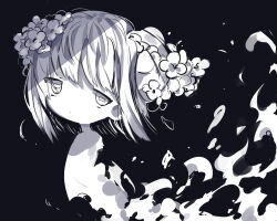 Rule 34 | 1boy, alternate hairstyle, black background, closed mouth, commentary request, debris, dot mouth, flower, flower on head, greyscale, half-closed eyes, highres, horns, jitome, monochrome, original, parted bangs, particles, raito-kun (uenomigi), ram horns, short hair, sidelocks, simple background, uenomigi, upper body