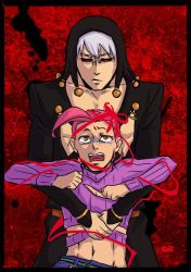 Rule 34 | 2boys, black sclera, colored sclera, freckles, hat, hug, hug from behind, jojo no kimyou na bouken, male focus, multiple boys, pants, pink hair, prucia royal, purple pants, red eyes, risotto nero, size difference, sweater, vento aureo, vinegar doppio, yaoi, yellow eyes