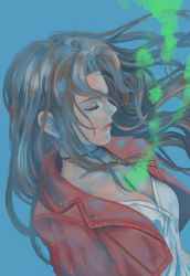 Rule 34 | 1girl, absurdres, aerith gainsborough, alto (natsusansai), blue background, breasts, brown hair, choker, cleavage, closed eyes, cropped jacket, deep wound, dress, final fantasy, final fantasy vii, forgotten city, highres, injury, jacket, medium breasts, profile, red jacket, solo, square enix, upper body, white dress