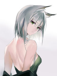 Rule 34 | 1girl, absurdres, animal ears, arknights, back, back focus, bare back, bare shoulders, breasts, commentary, dress, from behind, gradient background, green dress, green eyes, grey background, hair between eyes, head tilt, highres, kal&#039;tsit (arknights), looking back, mackia, medium breasts, short hair, silver hair, solo, strapless, strapless dress, upper body