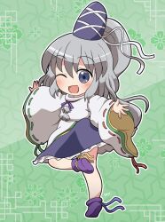 Rule 34 | 1girl, blue eyes, blue hat, blue skirt, blush, frilled skirt, frills, full body, grey hair, hair between eyes, hat, highres, japanese clothes, kariginu, long hair, long sleeves, mononobe no futo, one eye closed, open mouth, outstretched arms, ponytail, purple footwear, ribbon-trimmed sleeves, ribbon trim, rokugou daisuke, shoes, signature, skirt, smile, solo, spread arms, tate eboshi, touhou, wide sleeves