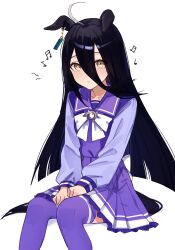 Rule 34 | 1girl, animal ears, black hair, blue sailor collar, blue skirt, blue thighhighs, blush, closed mouth, commentary, hair between eyes, highres, horse ears, horse girl, horse tail, jenshenya, long hair, long sleeves, looking at viewer, manhattan cafe (umamusume), multicolored hair, musical note, sailor collar, school uniform, simple background, sitting, skirt, solo, streaked hair, tail, thighhighs, tracen school uniform, umamusume, white background, white hair, yellow eyes