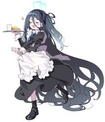 Rule 34 | 1girl, absurdly long hair, alternate costume, apron, aris (blue archive), black dress, black footwear, black hair, black socks, blue archive, blue necktie, blush, closed eyes, dress, enmaided, food, frilled apron, frills, full body, glass, halo, highres, holding, holding tray, juliet sleeves, long hair, long sleeves, maid, manarou, mary janes, necktie, omelet, one side up, open mouth, puffy sleeves, running, shiny footwear, shoes, simple background, smile, socks, solo, sparkle, tray, very long hair, white apron, white background, wrist cuffs