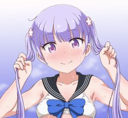 Rule 34 | 1girl, apita (apitaro), armpits, blush, breasts, highres, looking at viewer, new game!, purple eyes, purple hair, small breasts, smile, solo, suzukaze aoba, sweat, twintails