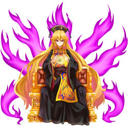 Rule 34 | 1girl, absurdres, black dress, closed mouth, commentary request, dress, energy, full body, headdress, highres, junko (touhou), ldschem16, long hair, looking at viewer, moon, orange hair, red eyes, simple background, sitting, solo, tabard, tassel, throne, touhou, very long hair, white background
