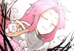 Rule 34 | 1boy, chinese commentary, closed eyes, closed mouth, colored eyelashes, commentary request, flower, hand up, hatsutori hajime, linghuo muxie, long hair, male focus, parted bangs, petals, pink hair, rose, rose petals, saibou shinkyoku, shirt, smile, solo, thorns, white background, white flower, white rose, white shirt
