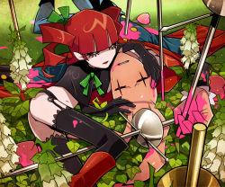 Rule 34 | 1boy, 1girl, animal ears, ass, bad id, bad pixiv id, bellflower, blood, boots, rabbit ears, crazy eyes, flower, garter belt, grass, hand on another&#039;s face, heart, lily of the valley, lying, monster, original, red hair, sword, thighhighs, twintails, weapon