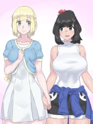 Rule 34 | 2girls, aged up, black eyes, black hair, blonde hair, blunt bangs, blush, breasts, creatures (company), dress, game freak, green eyes, holding hands, interlocked fingers, large breasts, lillie (pokemon), long hair, looking at another, mizuumi (bb), multiple girls, nintendo, open mouth, pokemon, pokemon sm, revision, selene (pokemon), shirt, short hair, short shorts, shorts, smile, swept bangs, tied shirt, white dress, wife and wife, yuri