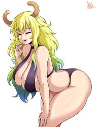 Rule 34 | 1girl, ass, bare arms, bare shoulders, bikini, black bikini, blonde hair, blue hair, breasts, cleavage, closed eyes, curvy, dragon horns, gradient hair, green hair, hand on own thigh, highres, horns, jmg, kobayashi-san chi no maidragon, large breasts, leaning forward, long hair, lucoa (maidragon), multicolored hair, open mouth, simple background, smile, solo, swimsuit, teeth, thighs, upper teeth only, white background