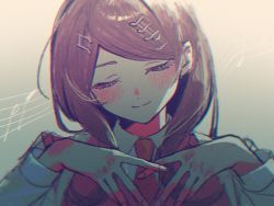Rule 34 | 1girl, akamatsu kaede, blush, closed mouth, collared shirt, danganronpa (series), danganronpa v3: killing harmony, facing viewer, fortissimo, gradient background, grey background, hair ornament, hands up, highres, long hair, long sleeves, musical note, musical note hair ornament, necktie, own hands together, portrait, protected link, red necktie, shirt, smile, solo, ze ro saiji