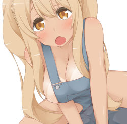 Rule 34 | 10s, 1girl, bikini tan, blonde hair, blush, breasts, fang, hinata masaki, large breasts, long hair, looking at viewer, naked overalls, no bra, open mouth, overalls, simple background, sitting, solo, spread legs, sunohara nana, sunoharasou no kanrinin-san, tan, tanline, v arms, white background, yellow eyes