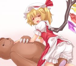 Rule 34 | 1girl, amane hasuhito, bad id, bad pixiv id, blonde hair, bloomers, fang, female focus, flandre scarlet, hat, long hair, open mouth, red eyes, side ponytail, solo, stuffed animal, stuffed toy, teddy bear, touhou, underwear, wings